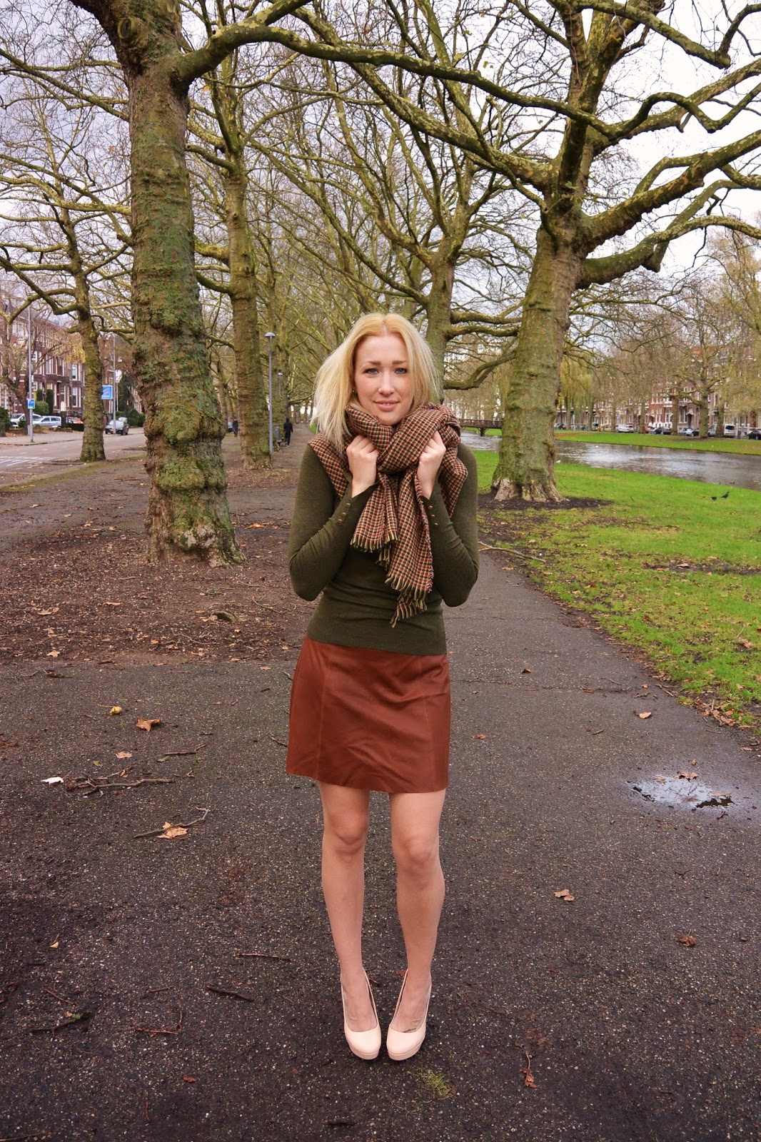 Brown Leather Skirt And Green Sweater | Dashingly Elevating